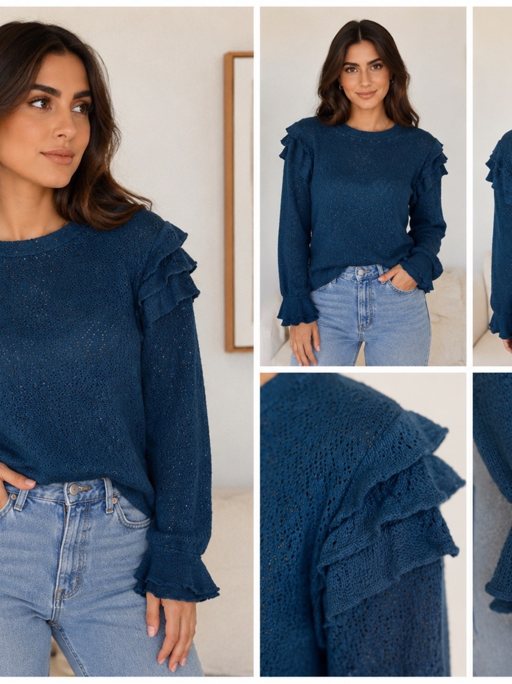 June & Hudson Teal Ruffle Sleeve Textured Knit Sweater Size M